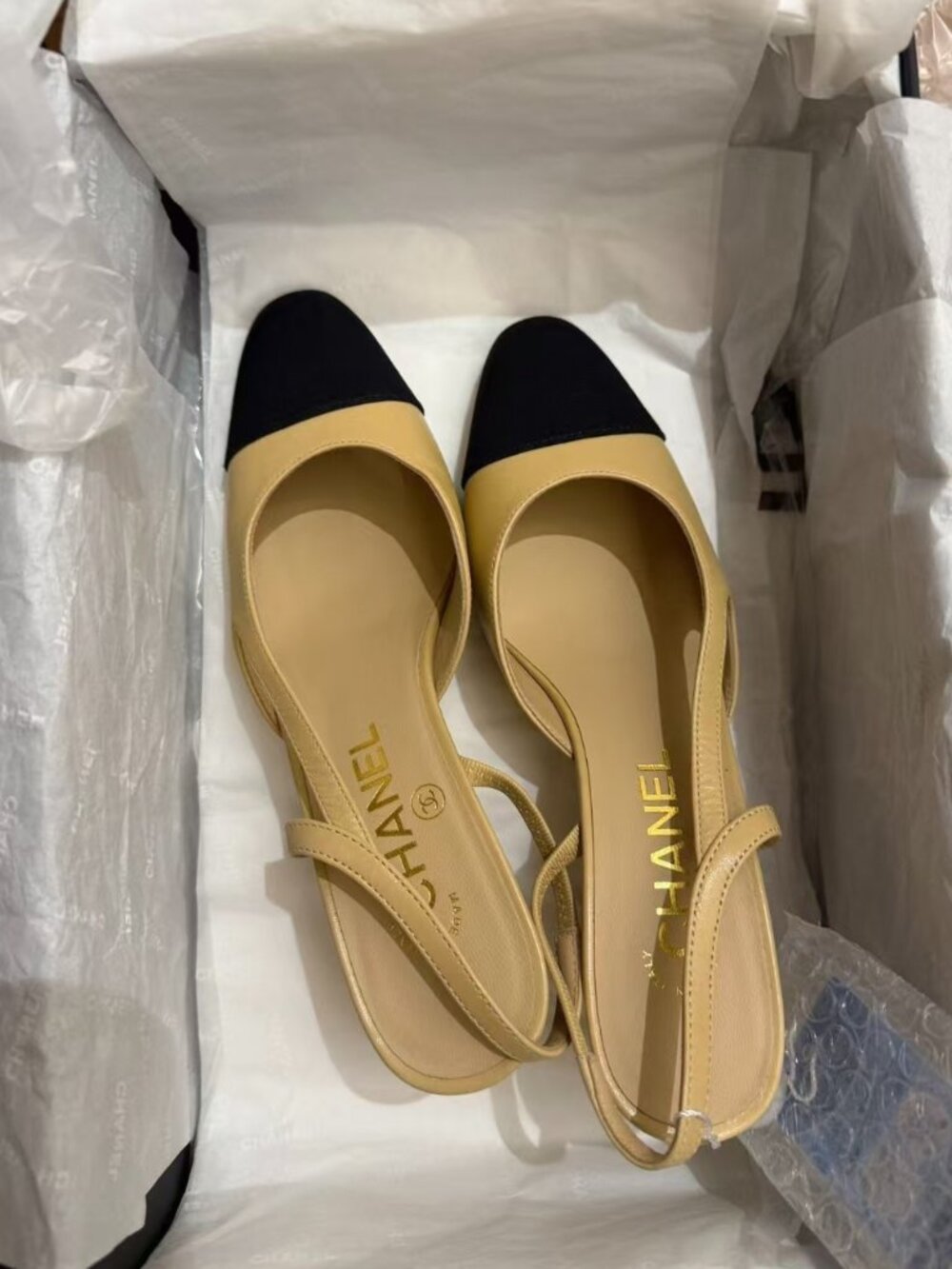 Chanel Two-Tone Leather Slip On Cap Toe Slingback Heels